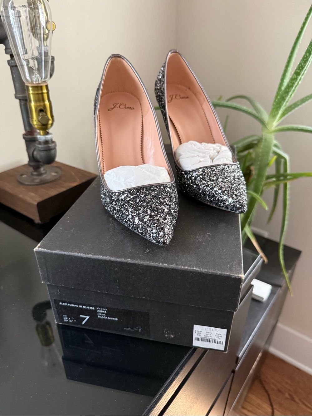J. Crew Black & Silver Glitter Pointed-Toe Pumps